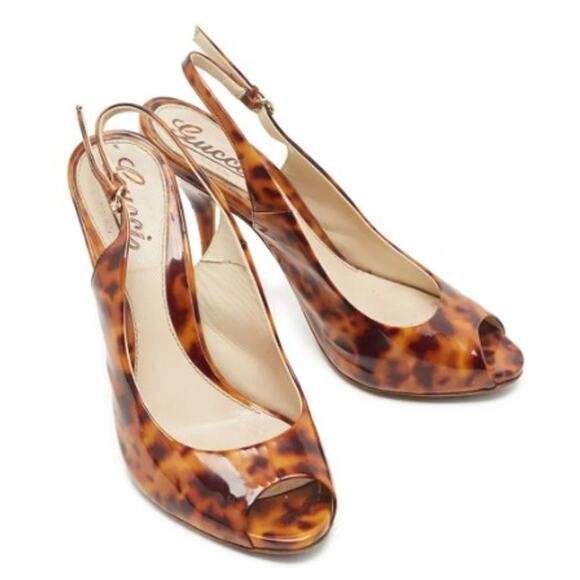 Gucci Patent Peep Toe Tortoise Shell Heels Sz. 7.5 - Picture 1 of 8